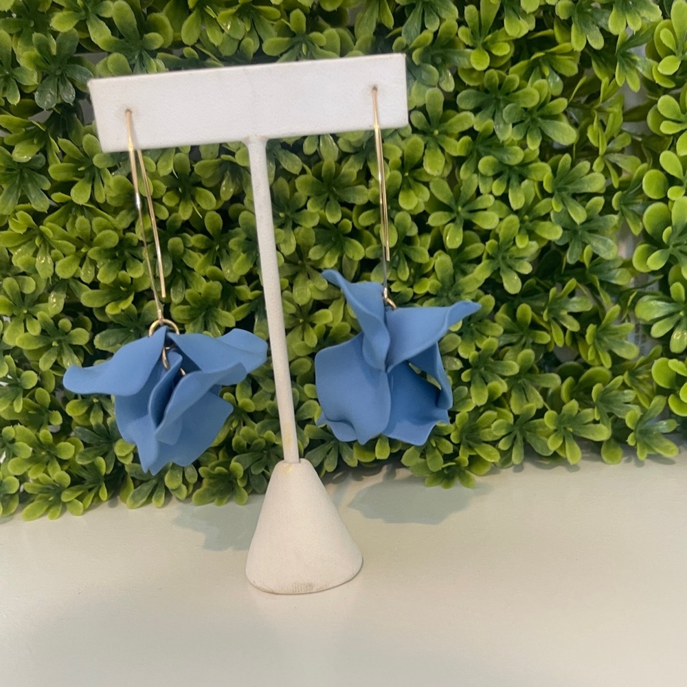 Dangle Floral Drop Earrings, Blue and Silver New